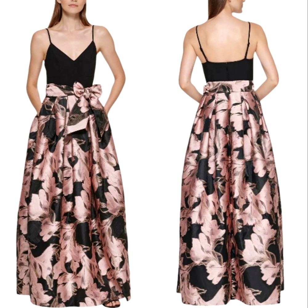 Nwot Eliza J Black Jersey Top Metalic Pink-Gold Floral Ball Gown Skirt w…